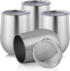 DOMICARE Stainless Steel Wine Tumbler Bulk with Lid, Personalized Insulated Tumblers Set, 12oz Travel Coffee Cups Pack of 4, Stainless steel