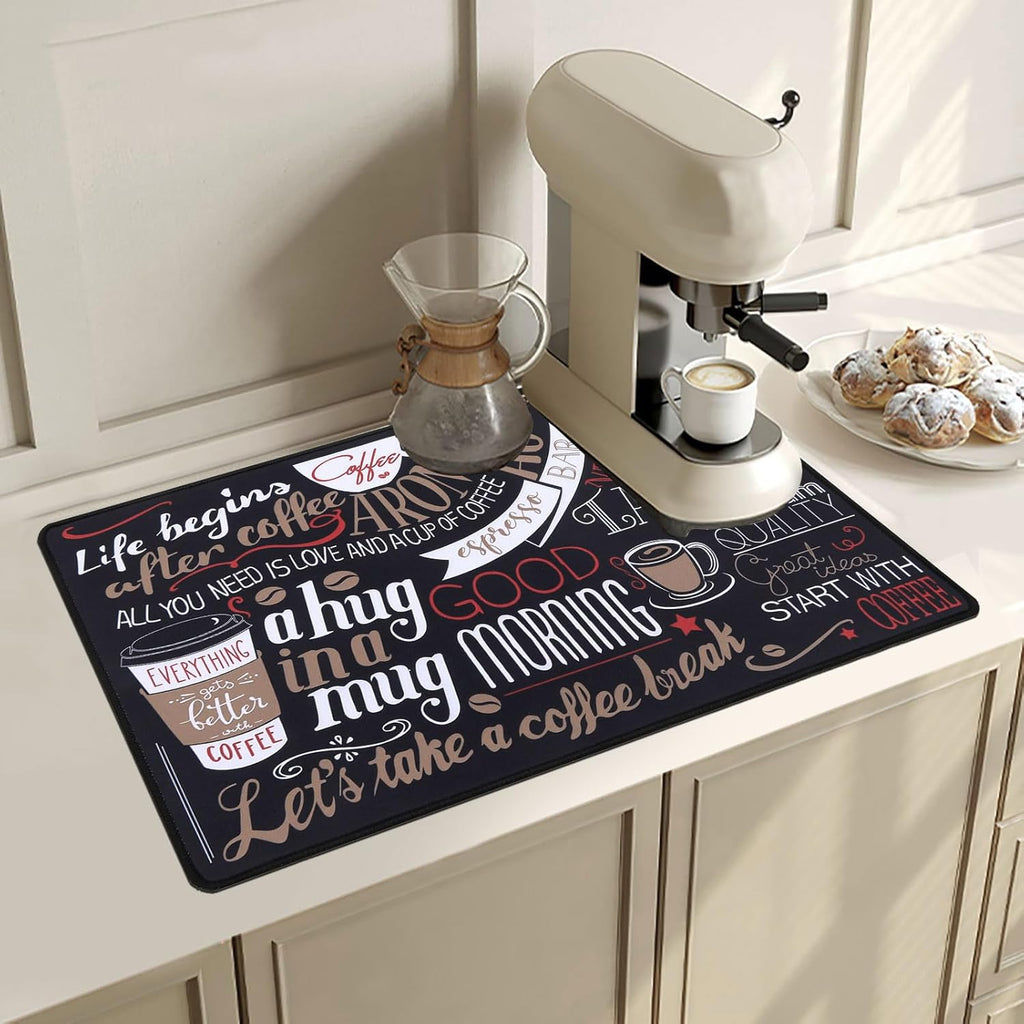 SHACOS Coffee Mat 2-Pack 12x19 inch Absorbent Non Slip Rubber Coffee Maker Mat for Countertop Bar Accessories Espresso Heat Resistant, Black Red