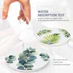 6 Pcs Coasters for Drinks with Holder, Green Leaves Absorbent Ceramic Coasters with Cork Base,Cute Funny Table Drinks Coasters Tabletop Protection Mat,Table Home Decor,4 Inches