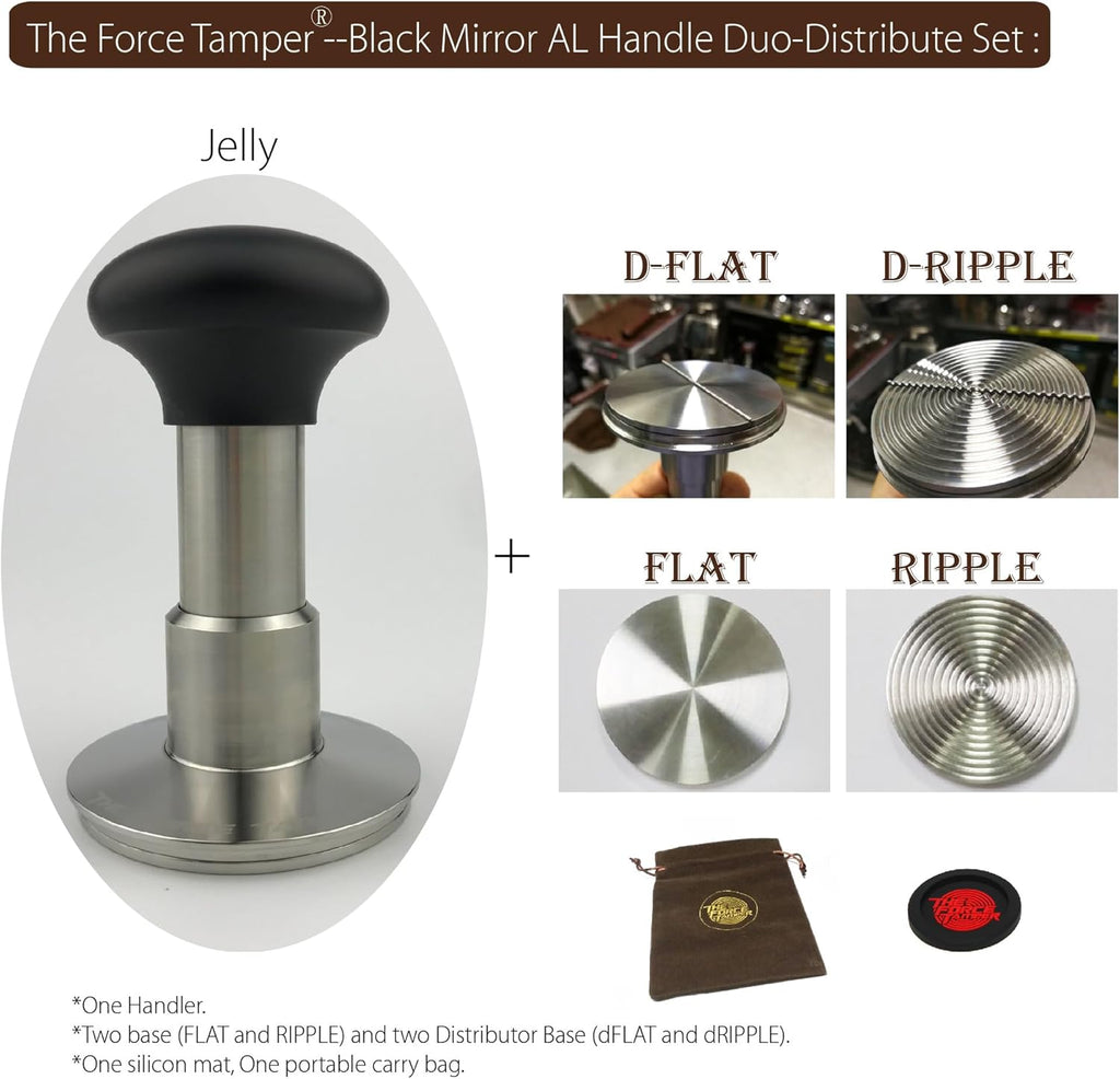 The Force Tamper Automatic Impact Coffee Tamper Adjustable Const Pressure and Autoleveling Duo-Distribute Set New (Jelly-Black Mirror AL, 58.50mm)