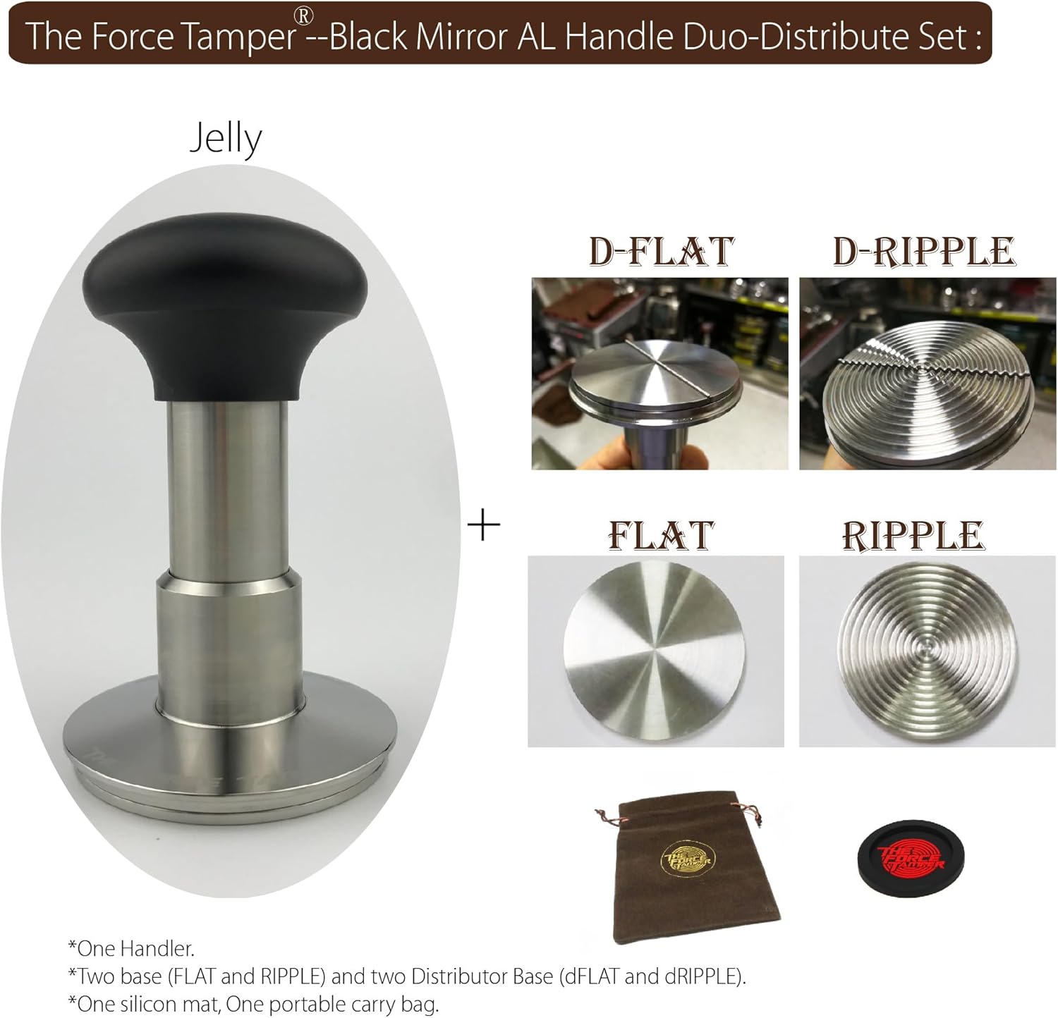 The Force Tamper Automatic Impact Coffee Tamper Adjustable Const Pressure and Autoleveling Duo-Distribute Set New (Jelly-Black Mirror AL, 53.50mm)