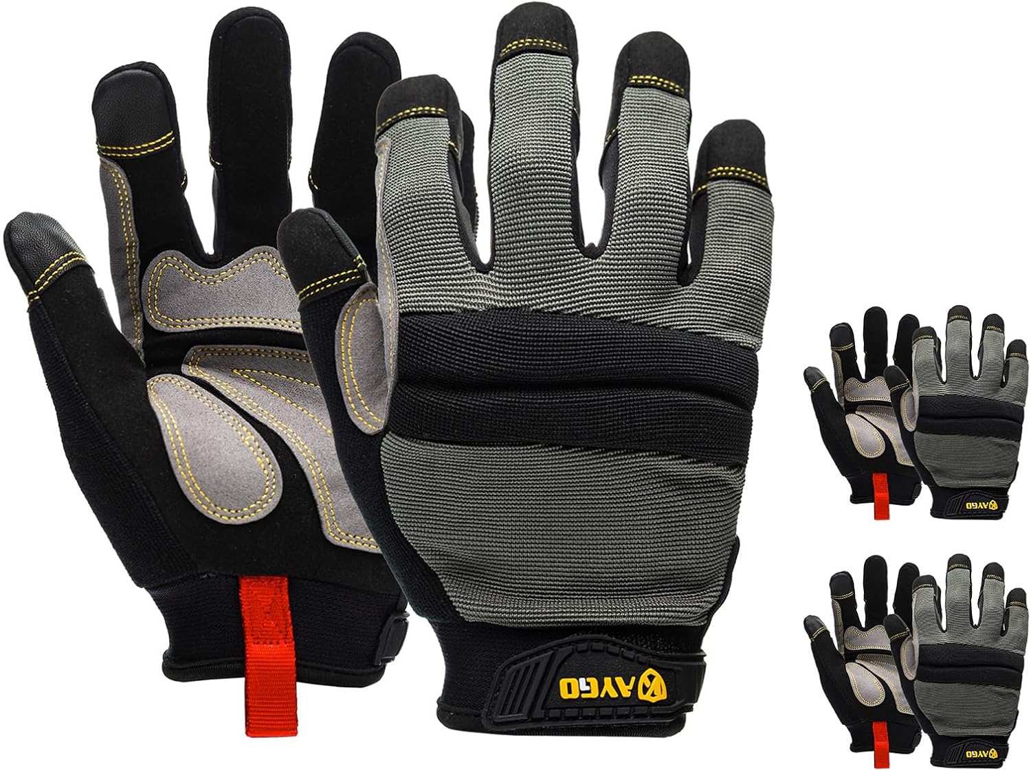KAYGO Work Gloves For Men, KG125M Mechanic Utility Work Gloves for All Purpose, Excellent Grip, Heavy Duty, Improved Dexterity, Touch Screen, 2X-Large, 3 pairs, Grey