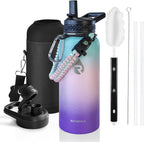 Insulated Water Bottle 32 oz, Triple Wall Vacuum Stainless Steel (Cold for 48 Hrs), Leak Proof & Non-BPA, Modern Water Flask Jug with Paracord Handle & Straw Spout Lids, Hydrangea