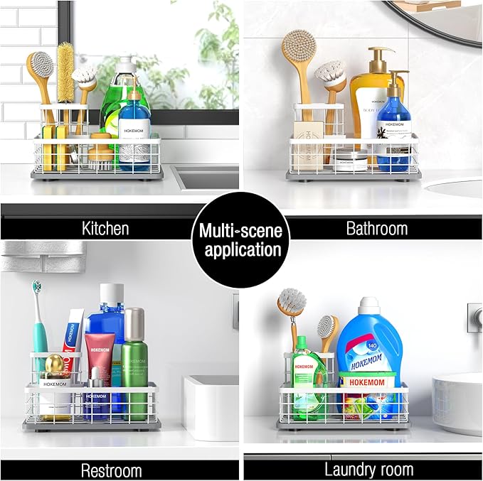 Large Family-Sized Sponge Holder for Kitchen Sink with Brush Holder - Drain-Free Non-Slip Base, 2.6mm Stainless Steel with White Rust-Resistant Coating-10.24"L x 6.5"W x 5.83"H Sink Organizer