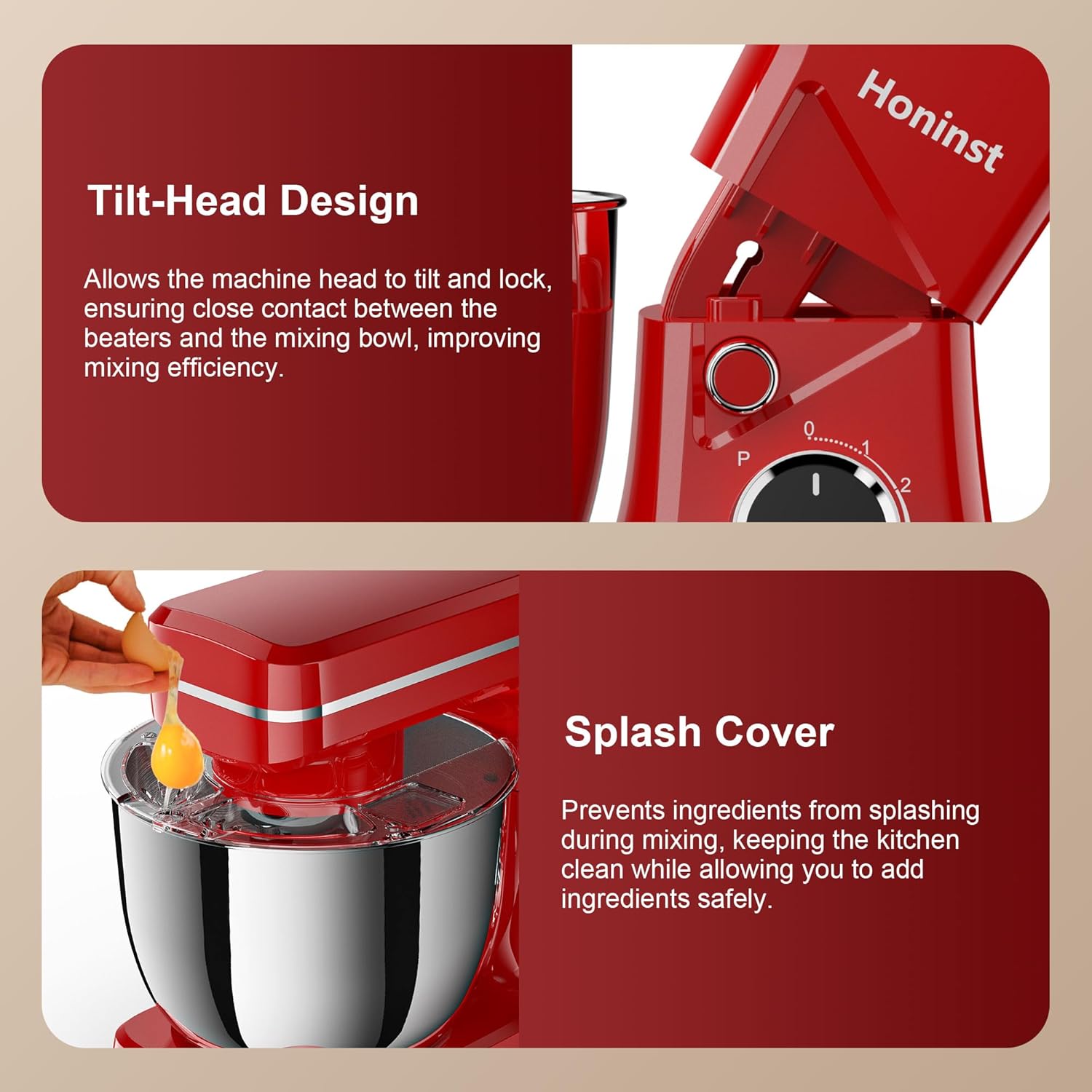 10-Speed Stand Mixer with 8-in-1 Splash Guard, Tilt-Head, 6QT Stainless Steel Bowl + Dishwasher-Safe Dough Hook/Whisk/Beater/Spatula for Baking Bread, Cakes, Cookies, Red