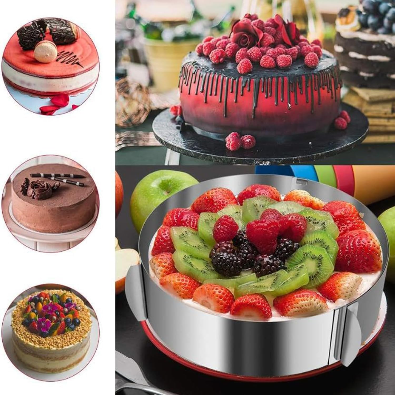HcirjhieCake Mold-Cake Ring-Adjustable Round Stainless Steel 6 to 12 Inch Cake Mold - Stainless Steel 3 inch Dessert Mousse Molds withCake Baking Supplies（2-piece set）