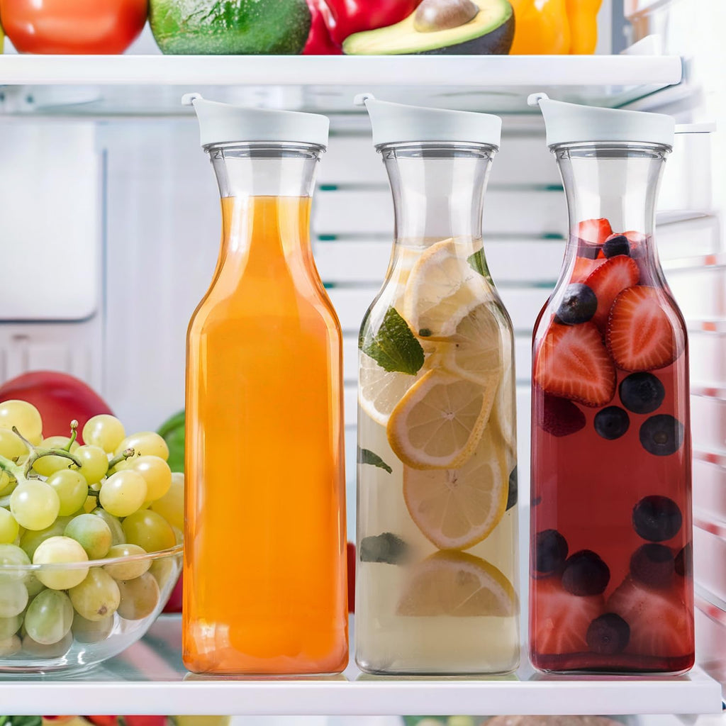 GUSTO [50 oz - 6 Pack] Plastic Carafe with Lid, Large Capacity Square Base - Clear Pitcher with Flip Top Lid, Easy-Pour Spout Juice Containers with Lids - Perfect for Mimosa Bar, Water, and Cold brew
