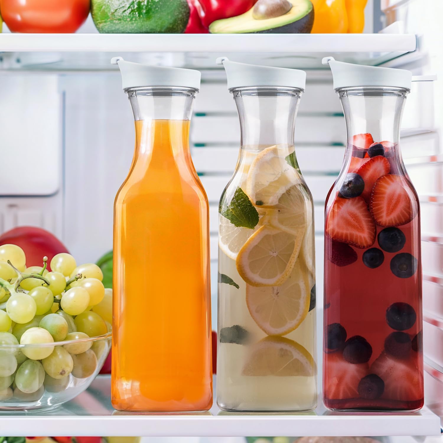 GUSTO [50 oz - 4 Pack] Plastic Carafe with Lid, Large Capacity Square Base - Clear Pitcher with Flip Top Lid, Easy-Pour Spout Juice Containers with Lids, Hand Wash Only - Perfect for Mimosa Bar