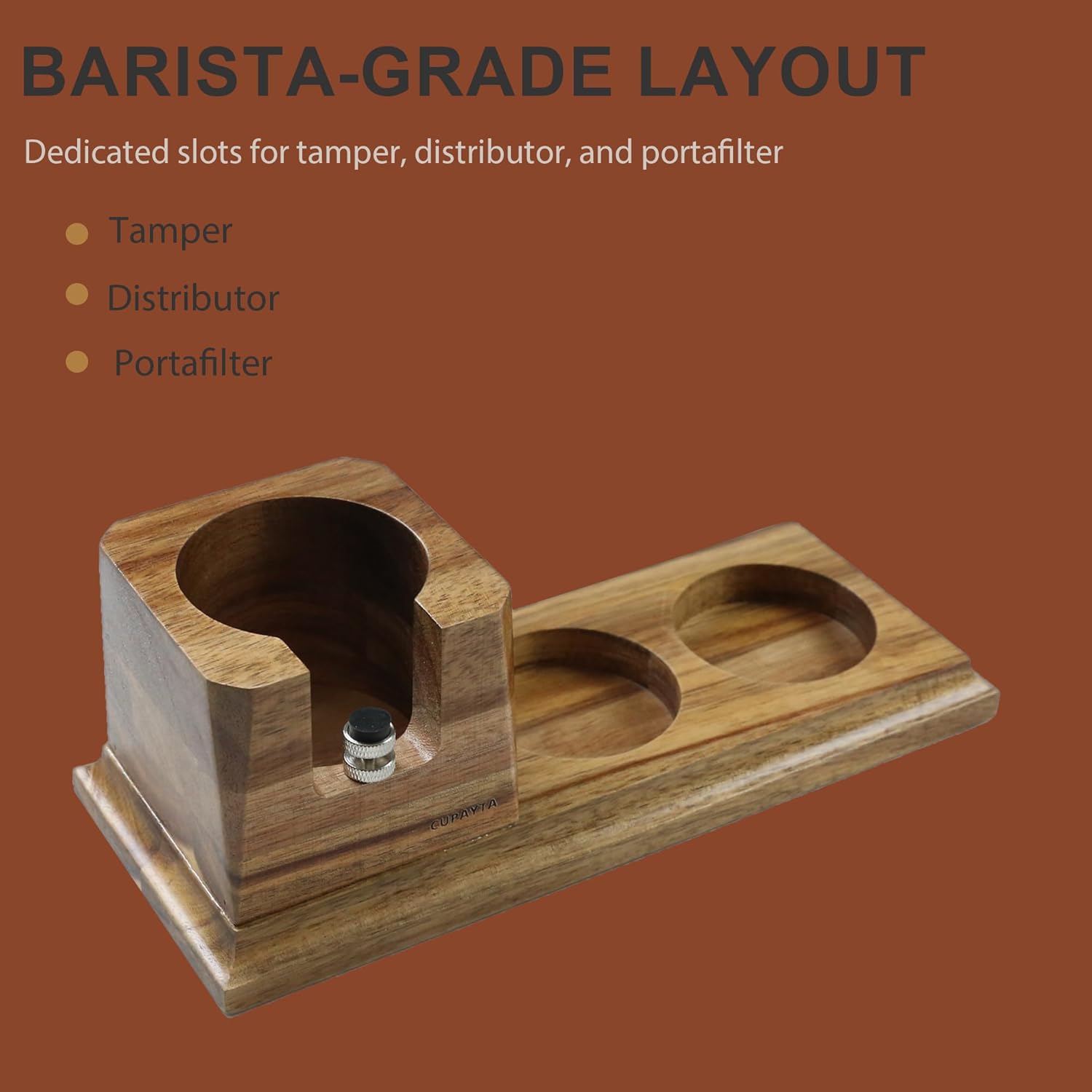 Walnut Espresso Tamping Station 54mm – Coffee Tamper Station with Raised Portafilter Platform, Flat Anti-Slip Base & Natural Wood Texture – Espresso Tamper Station for Home Barista Setup