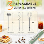 YUSWKO Granite Green Handheld Milk Frother Wand for Coffee, Rechargeable Electric Whisk with 3 Heads 3 Speeds Drink Mixer Coffee Frother For Latte, Cappuccino, Hot Chocolate, Egg