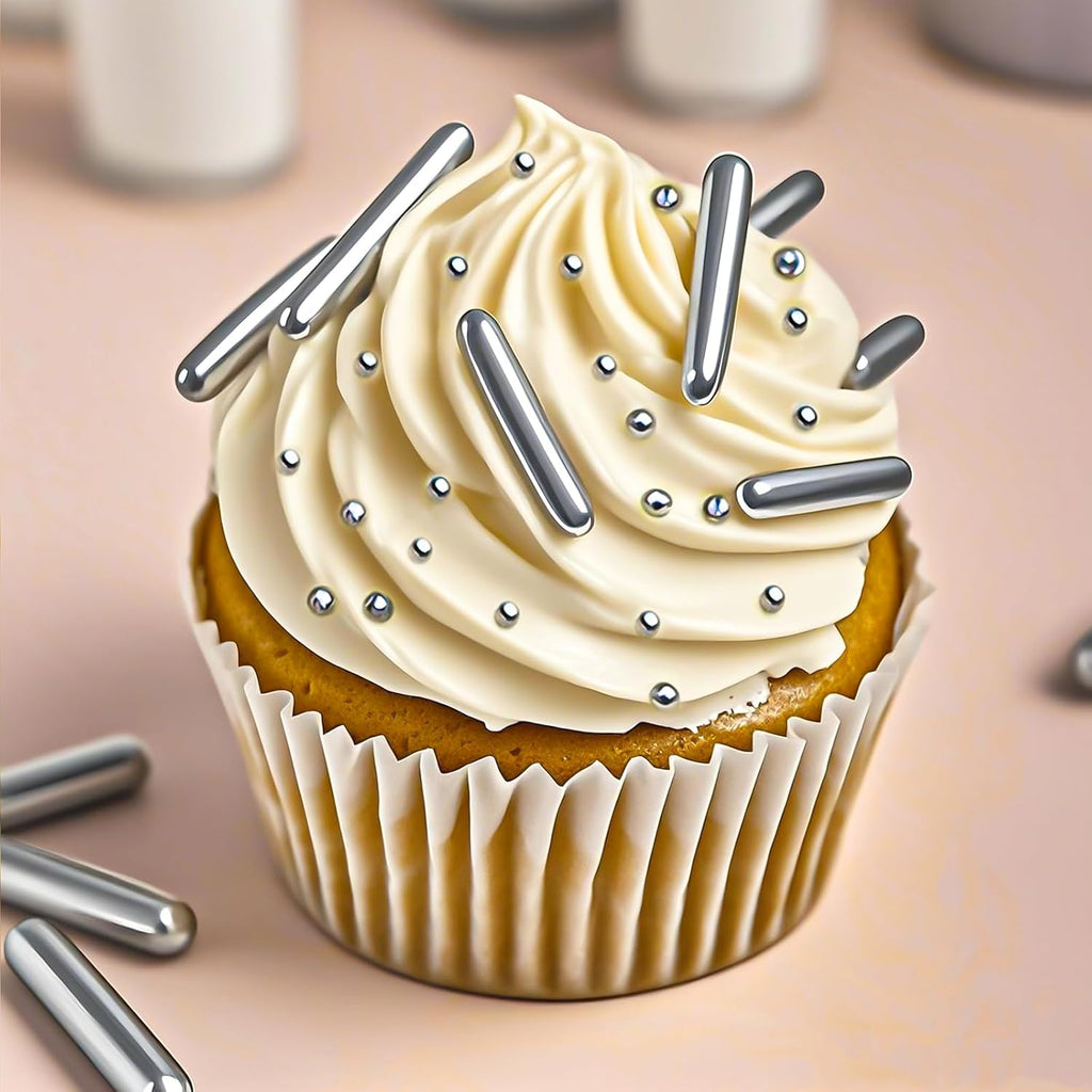 Silver Pearl Rods Sprinkles, Twisweet Edible Sugar Sprinkles for Cake Decorating Mix Size Candy Pearls for Baking Cake Topper Ice Cream Cupcake Cookie Dessert Decorations, Wedding Day Valentines Birthday Party Christmas Easter Supplies (130g/4.58oz)