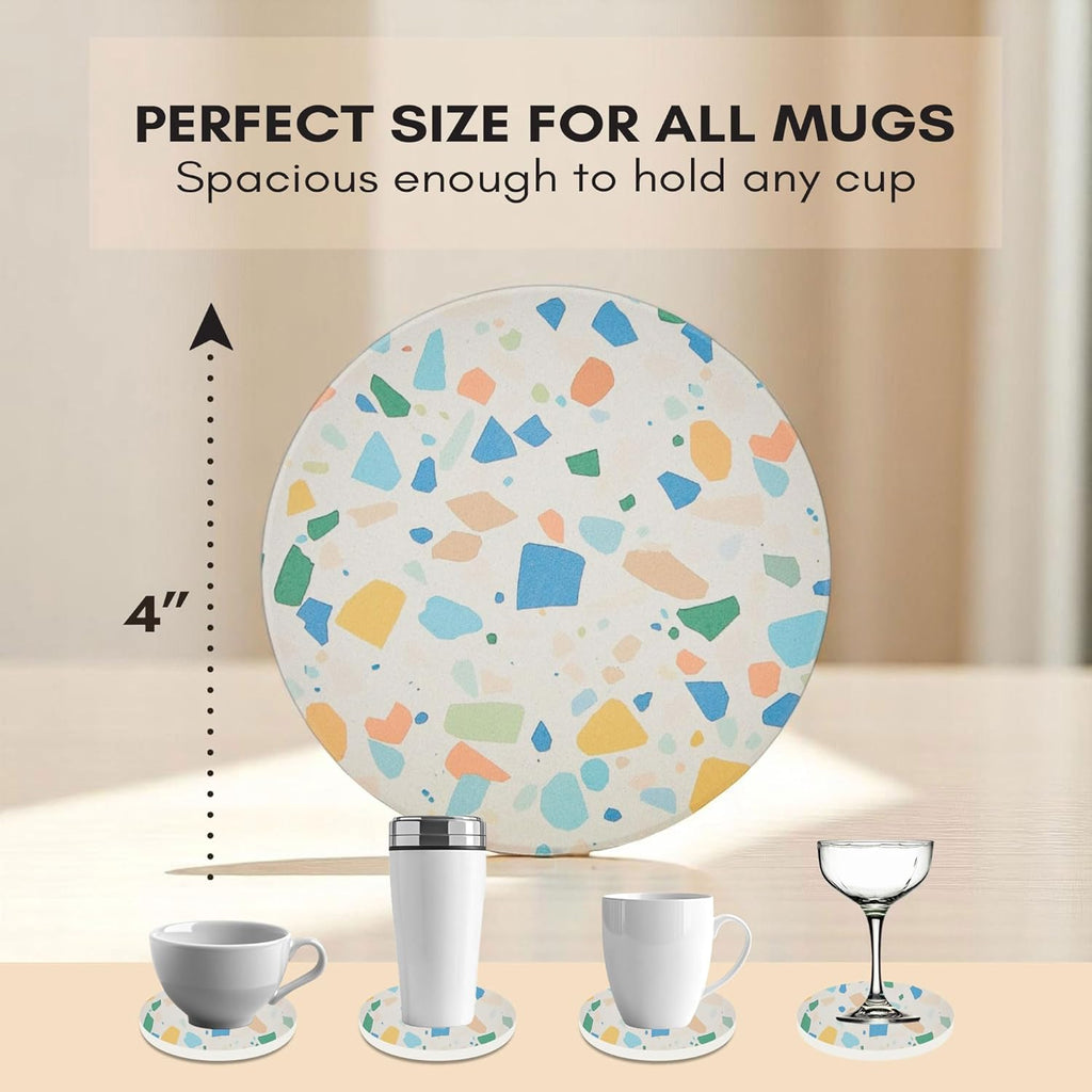 Absorbent Coaster Set of 6 with Holder, Drink Coasters for Coffee Table, Kitchen, Home Decor, Cute Ceramic Round Coasters, Alternative to Silicone, Cork or Glass Coaster (Color Pop)