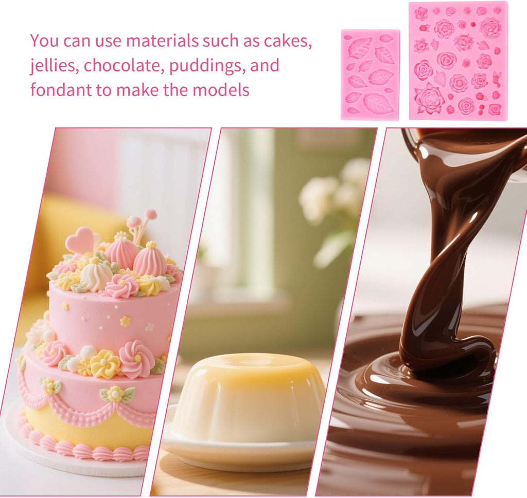 2 Pcs Rose Flowers and Leaves Chocolate Fondant Candy Silicone Molds for Cupcake Toppers, Crafting Projects, Wedding and Birthday Cake Decoration