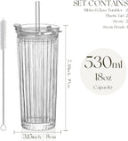 KEMORELA Ribbed Glass Tumbler with Straw and Lid – 18oz Durable Leak-Proof Drinking Cup for Hot and Cold Beverages – Stylish Design, Ideal for Iced Coffee, Smoothies, and More (2PCS-A)