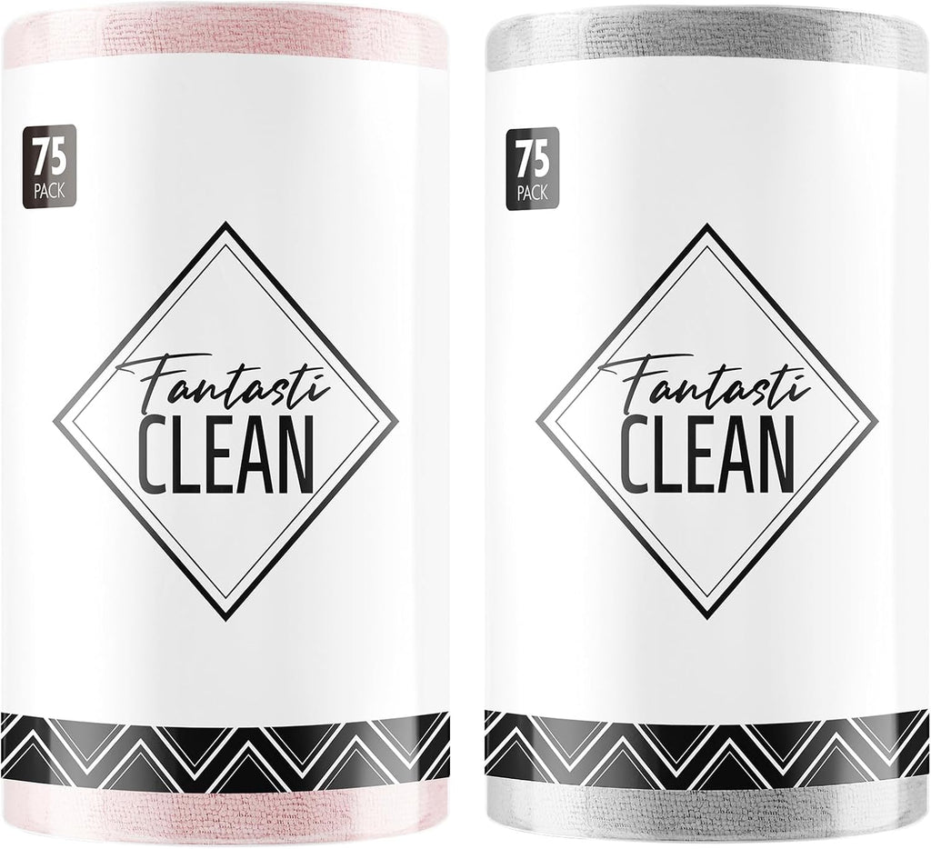 Fantasticlean Microfiber Cleaning Cloth Roll -150 Pack, Tear Away Microfiber Towels, 12" x 12", Reusable, Washable, Ultra Absorbent Dishcloth for Home Supplies, Car, Pet, Kitchen (Pink & Grey)