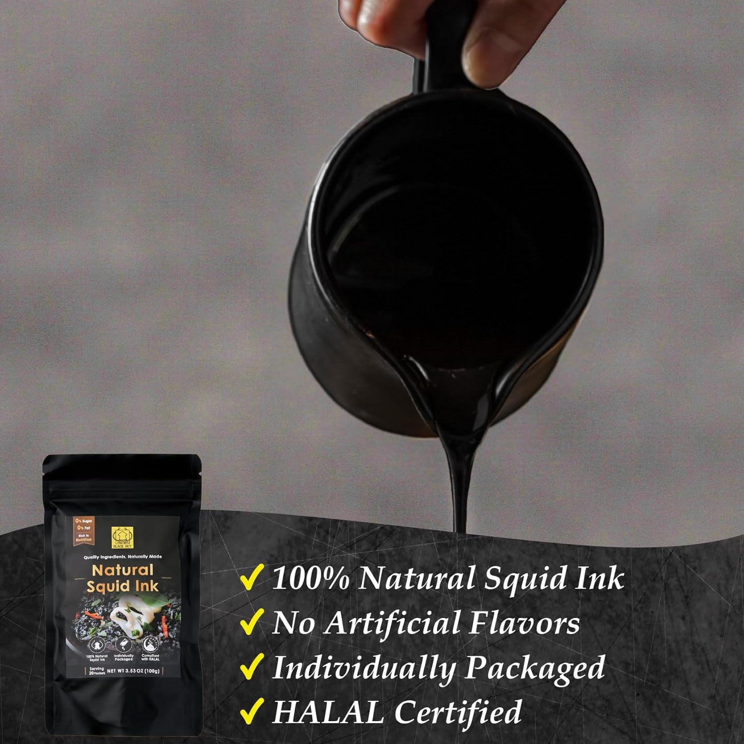 (5g x 20 Pack) Black Hut Squid Ink, Food Coloring Tinta Calamari for Rice Noodles Pasta Spaghetti Risotto, Cuttlefish Ink for Baking mix, Halal Certificate, Contains Molluscs, 3.53 oz / 100 g