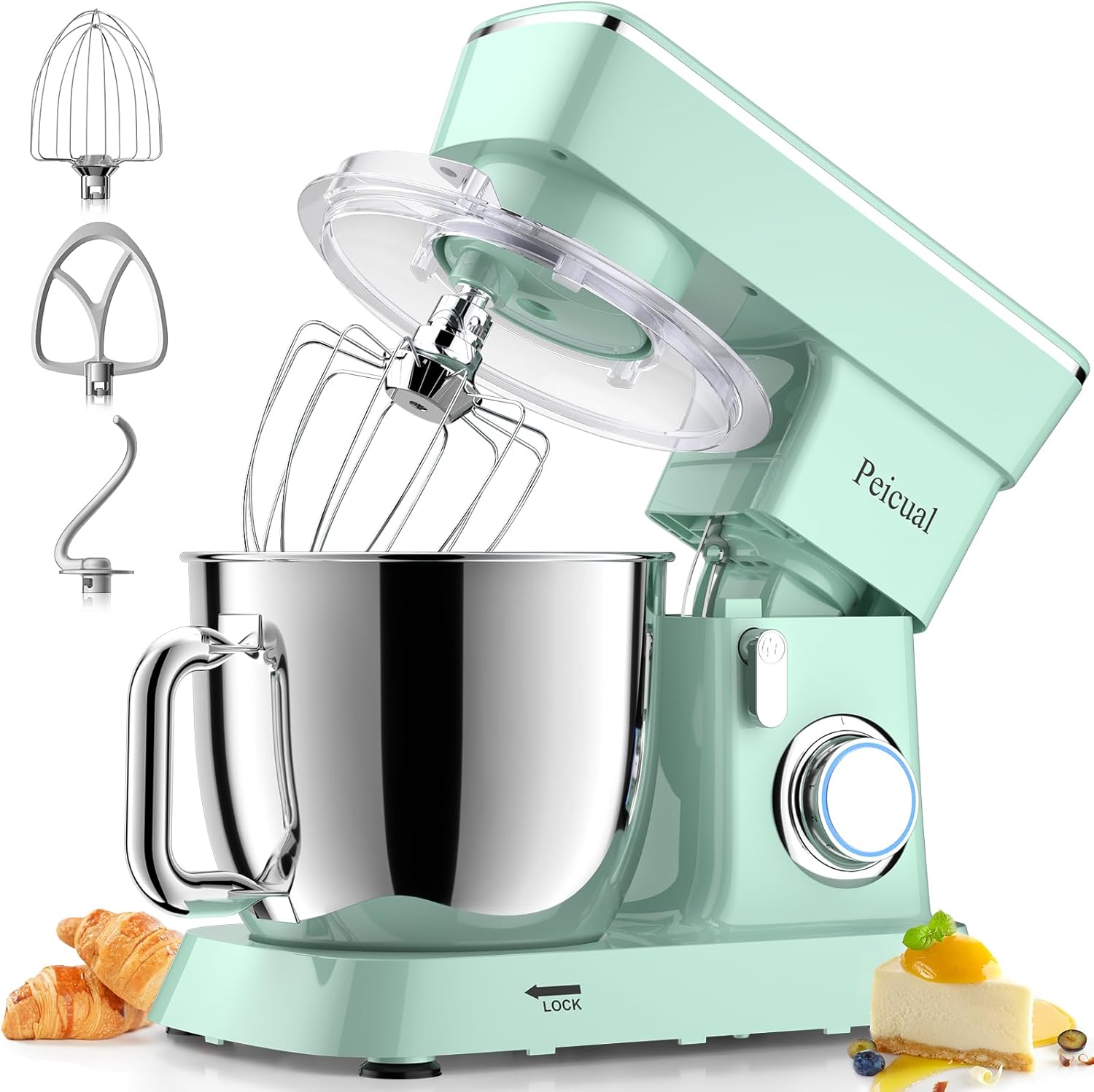 Stand Mixer, 6QT 10+P Speed Tilt-Head Kitchen Electric Mixer, Food Mixer with Stainless Steel Bowl, Dough Hook, Flat Beater, Wire Whisk, Splash Guard for Daily Use -Green