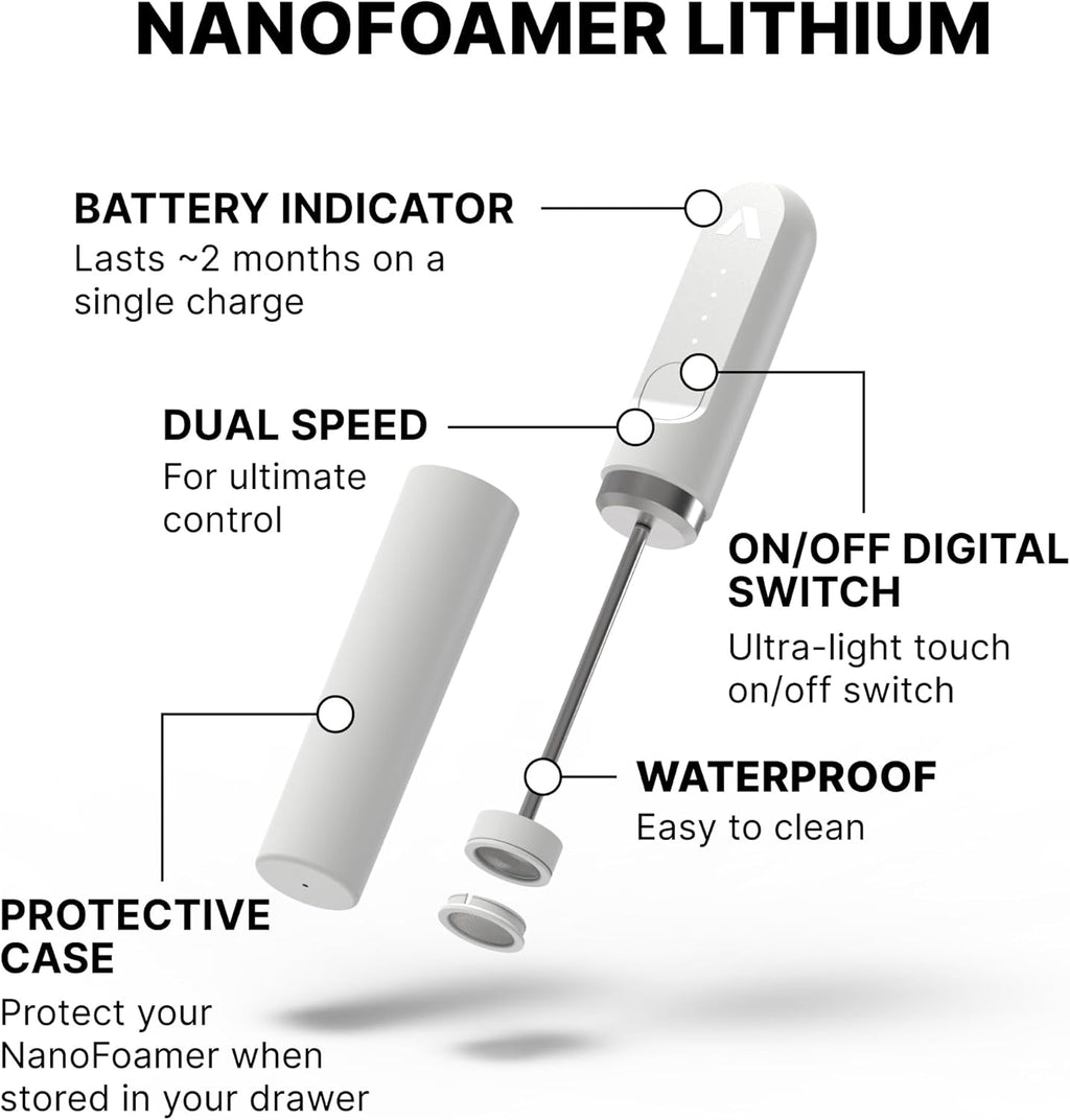 Subminimal Performance Milk Foamer - NanoFoamer Lithium Handheld Frother - Rechargeable, Dual-Speed - Microfoamed Milk in 30 Seconds, Barista-Style Coffee Drinks at Home - White Special Edition