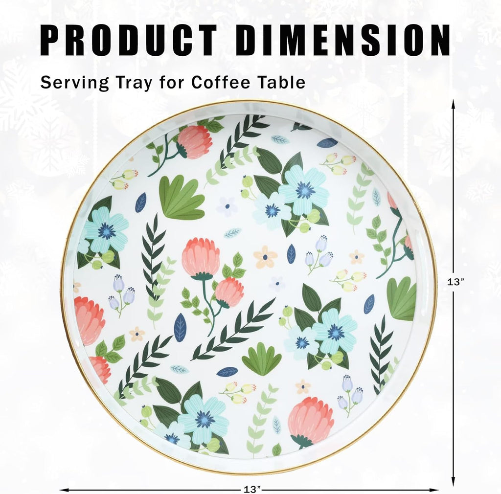 Round Serving Tray with Handles, Modern Floral Pattern, Perfect for Coffee Table, Ottoman, or Vanity, Lee33wh Color, Plastic Material