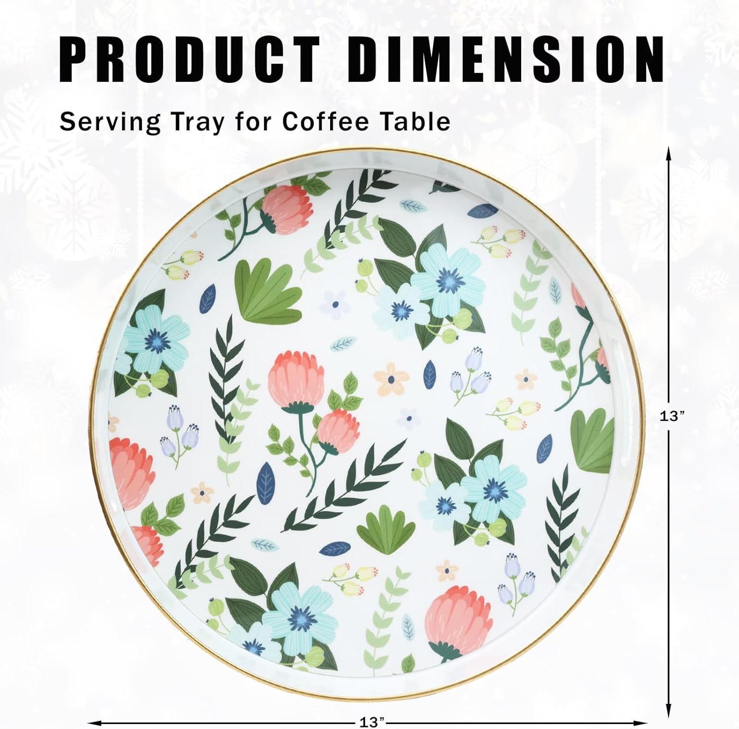 Round Serving Tray with Handles, Modern Floral Pattern, Perfect for Coffee Table, Ottoman, or Vanity, Lee33wh Color, Plastic Material