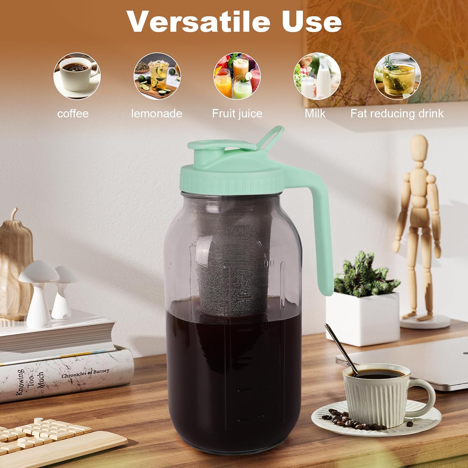 Cold Brew Coffee Maker，64 oz Wide Mouth Mason Jar Pitcher with Stainless Steel Filter, Pour Spout Handle Lid, Heavy Duty Glass Airtight & Leak-Proof Pitcher for iced coffee & Tea Lemonade-Green