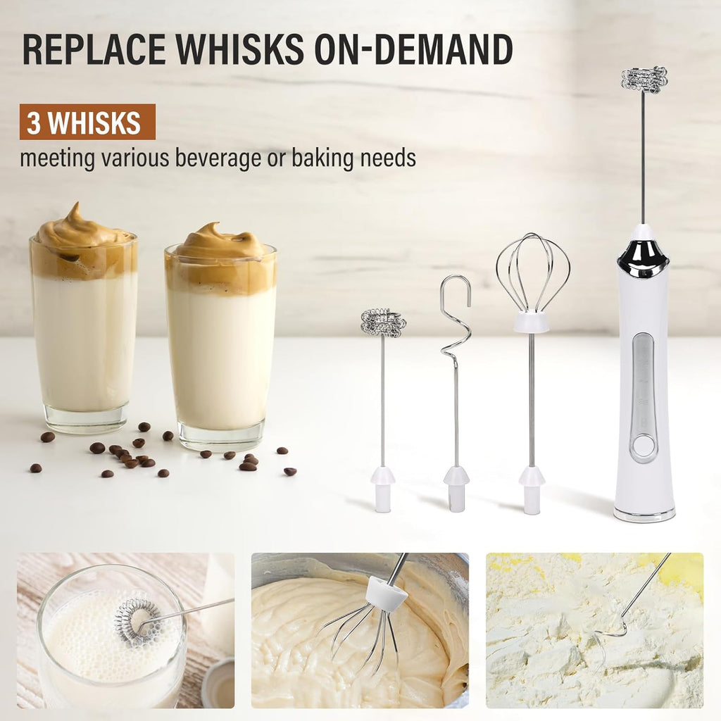 Rechargeable Milk Frother with Stand - 3 Speed Adjustable Electric Whisk, 3 Detachable Stainless Steel Heads for Latte, Cappuccino, Matcha, Egg (White)