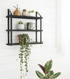 Mkono Floating Wall Shelves 3 Tier Rustic Hanging Shelf with Metal Bracket Wall Mount Wood Storage Display Shelves for Living Room Bathroom Bedroom Kitchen Office,Black