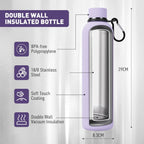 Slim Insulated Water Bottles for Travel 32oz with Clip, Double Wall Vacuum Stainless Steel Water Bottle Keeps Drinks Cold 24 Hrs/Hot 12 Hrs, 100% Leakproof, BPA Free(Purple)