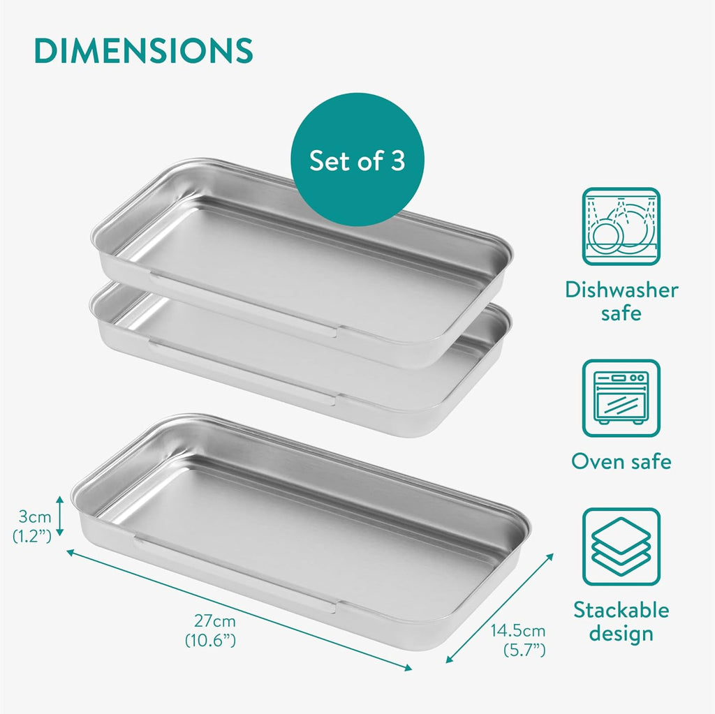 Navaris Stainless Steel Breading Trays, Set of 3 - Interlocking & Stackable Tray Design - 27x15cm Baking and Cooking Sheets - Oven and Dishwasher Ready for Versatile Kitchen Use