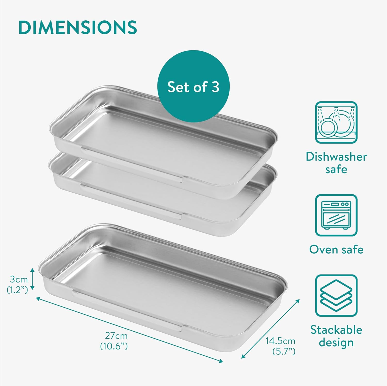 Navaris Stainless Steel Breading Trays, Set of 3 - Interlocking & Stackable Tray Design - 27x15cm Baking and Cooking Sheets - Oven and Dishwasher Ready for Versatile Kitchen Use