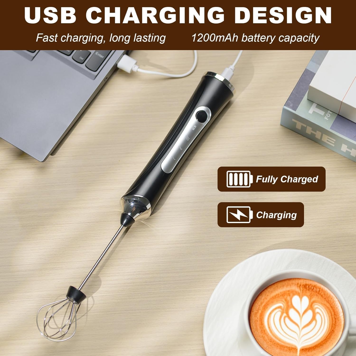 Handheld Electric Milk Frother with 2 Heads, Coffee Whisk Foam Mixer with USB Rechargeable 3 Speeds, Foam Maker Blender for Latte, Cappuccino, Hot Chocolate, Egg (Black with stand)