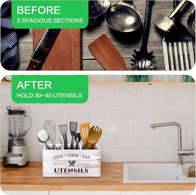 Wood Kitchen Utensil Caddy with 3 Compartments, Rustic Farmhouse Style, Ideal for Storage and Organization, White