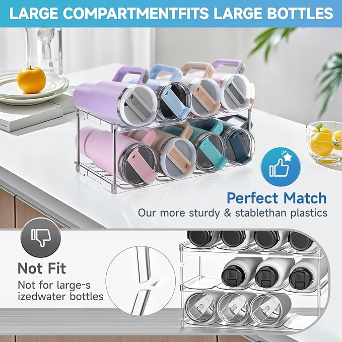 Larger Water Bottle Organizer for Stanley 40 oz Tumbler, Stackable Water Bottle Holder Rack for Cabinet, Kitchen Storage Organizer for for Stanley Cup Accessories, Tumbler Storage Holder，2 Pack