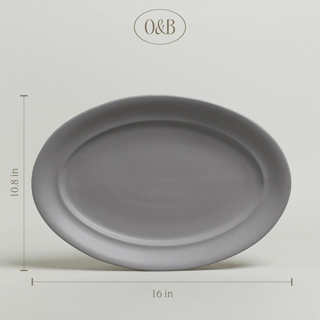 over&back Rim Stoneware Serving Platter - Elegant 1-Piece Oval Serving Platter to Complete Your Kitchen Set - 16" L x 10.8" W Semi-Matte Charcoal
