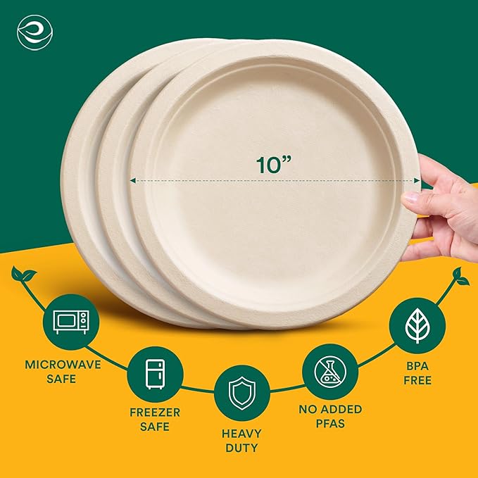 ECO SOUL 100% Compostable Paper Plates 10 Inch [100-Pack] Biodegradable Heavy Duty Eco-Friendly Disposable Plates for Christmas Dinner, Parties, Wedding & Event
