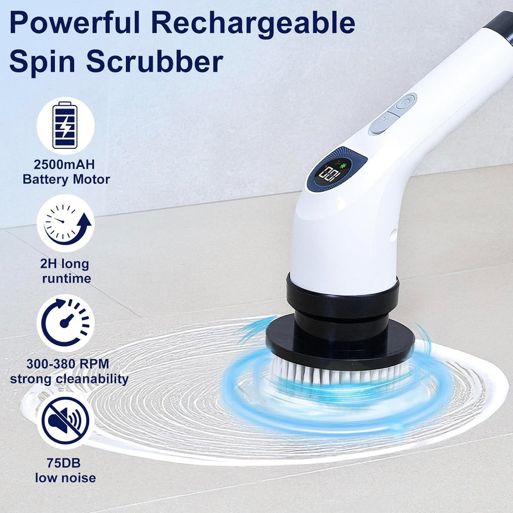 Electric Spin Scrubber for Cleaning - Shower Scrubber with Long Handle and 7 Replaceable Heads - 2 Speed Cordless Shower Brush for Cleaning with Long Battery Life, White
