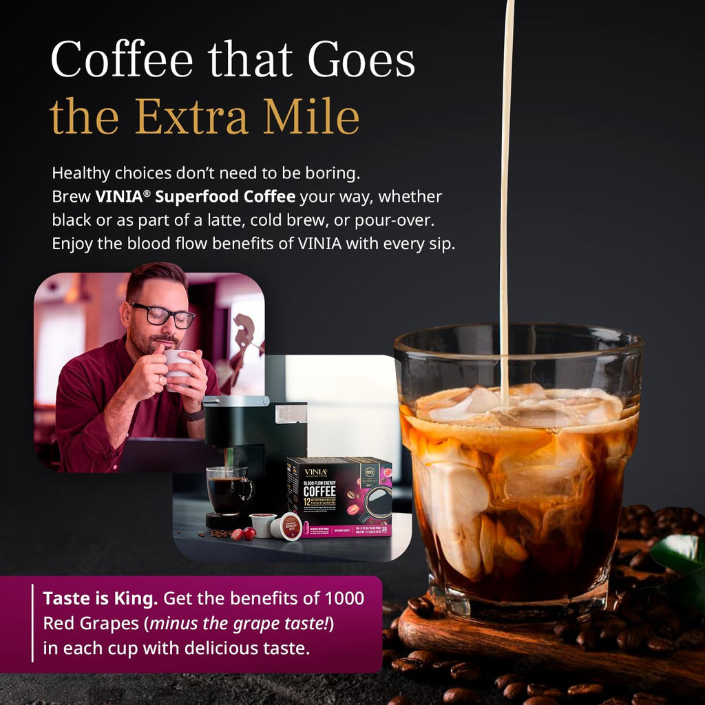 VINIA Blood Flow Energy Coffee Pods - Medium Roast Infused with Red Grape Piceid Resveratrol for Physical Energy & Mental Alertness, Compatible with K Cups Superfood Coffee, Full-Bodied, 30 Ct