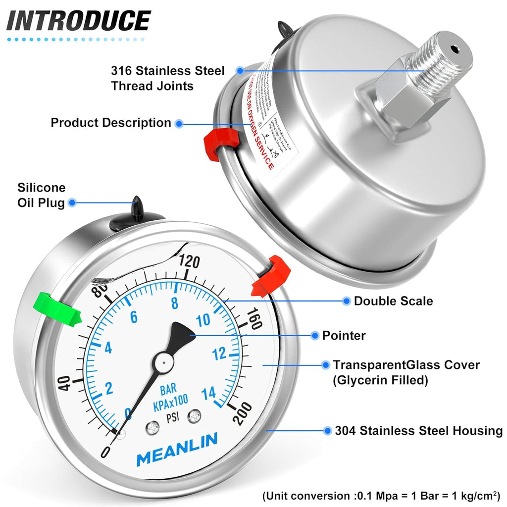 MEANLIN MEASURE 0~200Psi Stainless Steel Liquid Filled Pressure Gauge 2.5" FACE DIAL 1/4" NPT for Air Compressor Air Regulator Water Filter Back Mount with Stainless Steel Hex Bushing and Snaps