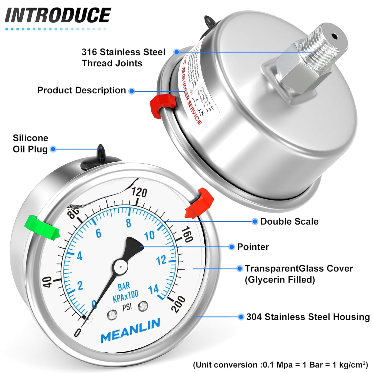 MEANLIN MEASURE 0~200Psi Stainless Steel Liquid Filled Pressure Gauge 2.5" FACE DIAL 1/4" NPT for Air Compressor Air Regulator Water Filter Back Mount with Stainless Steel Hex Bushing and Snaps