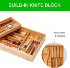 Double Layer Bamboo Kitchen Drawer Organizer Cutlery Utensil Silverware Drawer Organizer, Silverware Tray for Drawer Removable Utensil Holder Flatware Organizer Multi-use Storage Box (L)