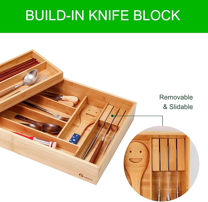 Double Layer Bamboo Kitchen Drawer Organizer Cutlery Utensil Silverware Drawer Organizer, Silverware Tray for Drawer Removable Utensil Holder Flatware Organizer Multi-use Storage Box (L)