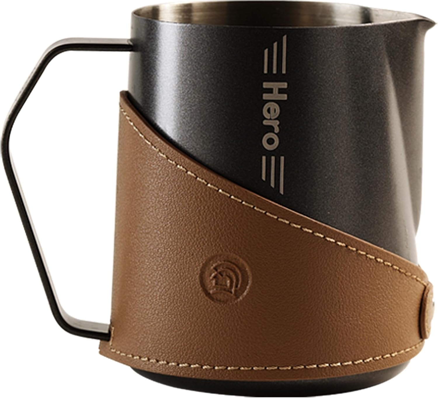 Milk Frothing Pitcher 450ml/16oz 304 Stainless Steel Espresso Steaming Pitcher with PU Leather, Milk Frothing Jug,milk frother cup,Milk Jug Cup,Premium Barista Tools,Latte Art (Black,16oz)