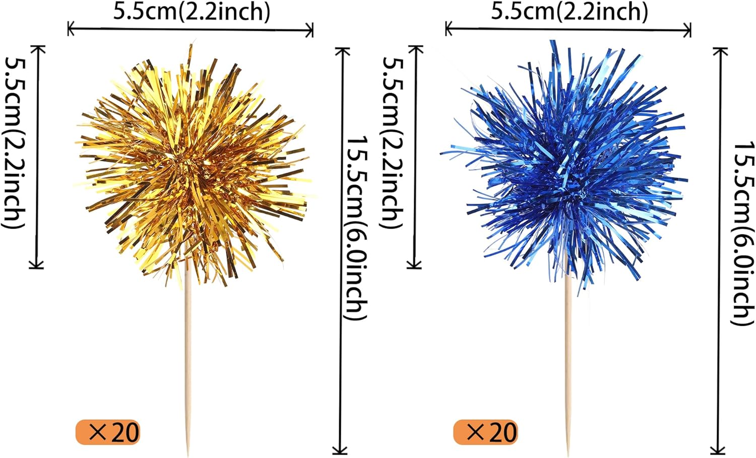 40 PCS Foil Firework Cupcake Toppers Sparkle Tinsel Cupcake Picks Fireworks Birthday Party Decorations Cocktail Fruit Toothpick for Birthday Wedding Graduation Party Decorations Supplies Gold Blue