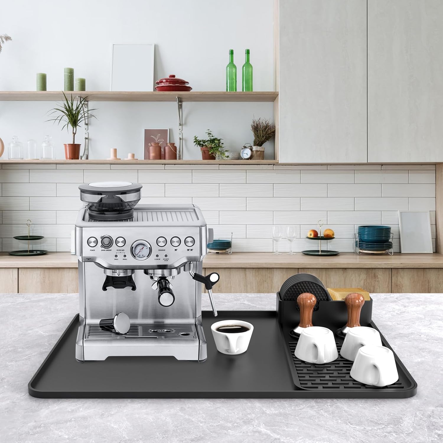 Silicone Coffee Mat with 6PCS Coasters,24''x16'' Kitchen Bar Accessories Fits Under Coffee Maker and Pot,Espresso Machine,Detachable Dish Drying Mat for Tamper,Sugar Packets,Cups,Countertop Protection