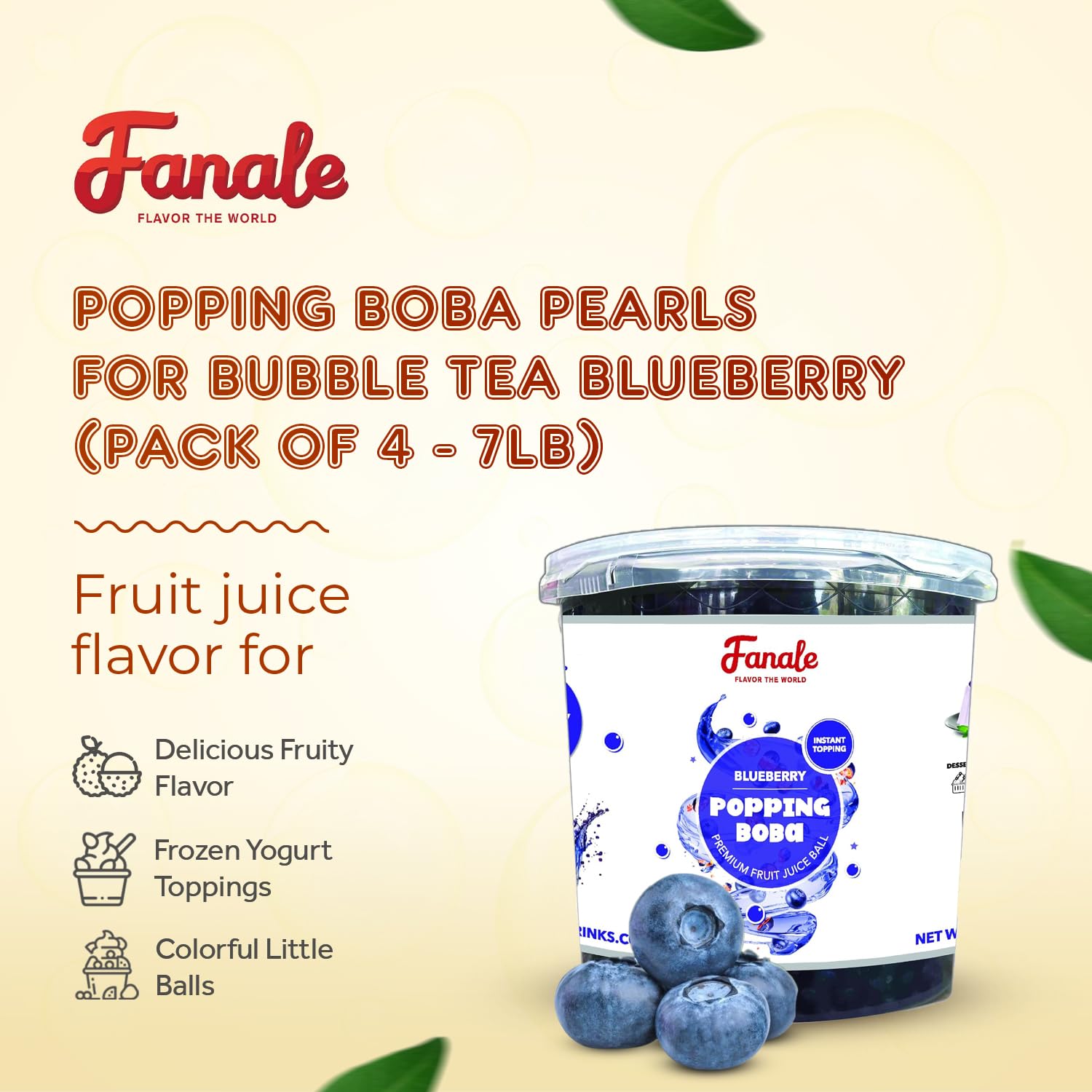 Fanale Blueberry Popping Boba Pearls, Vegan, Non GMO, Gluten Free, Fat Free, Perfect for Bubble Tea, Smoothies, Ice Cream, Desserts, and Beverages.