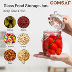 ComSaf 25oz Airtight Glass Canisters with Lids Set of 6, Round Food Storage Jar Container with Clamp Lids for Kitchen Canning Cereal Coffee Pasta Sugar Beans Spice, Clear Mason Jars with 12 Labels