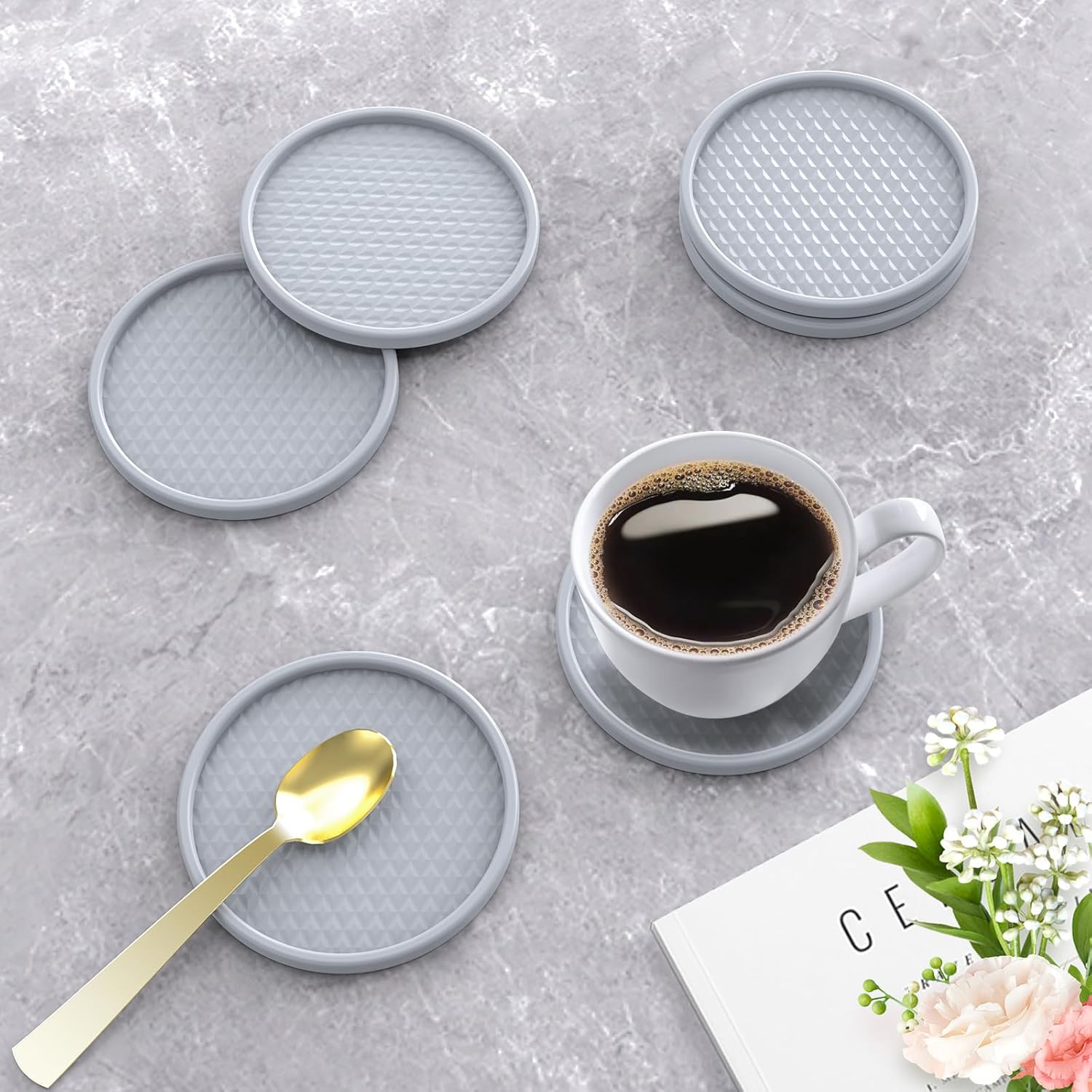 Silicone Coffee Mat with 6PCS Coasters,24''x16'' Kitchen Bar Accessories Fits Under Coffee Maker and Pot,Espresso Machine,Detachable Dish Drying Mat for Tamper,Sugar Packets,Cups,Countertop Protection