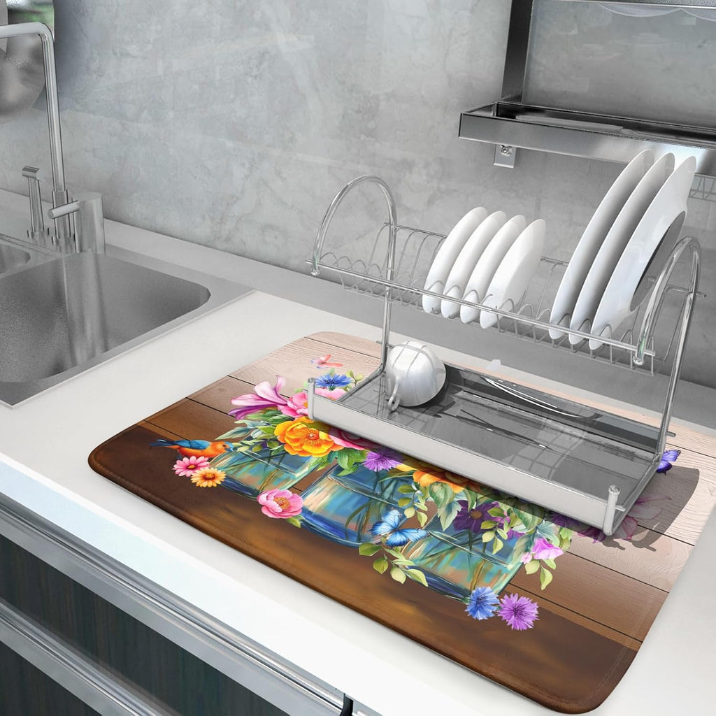 Spring Flowers Dish Drying Mat for Kitchen Counter 18x24in Vintage Plants Colorful Floral Kitchen Drying Mat Soft Absorbent Microfiber Farmhouse Flowers Dish Drainer Rack Mats for Kitchen Countertops