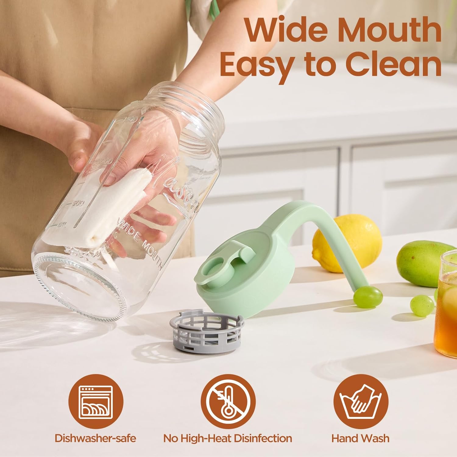 Mason Jar Pitcher with Tea Filter, Airtight & Leakproof Glass Pitcher with Lid, 64 oz Sun Tea Glass Jar for Outside, Perfect for Sun Tea, Lemonade, and iced Tea