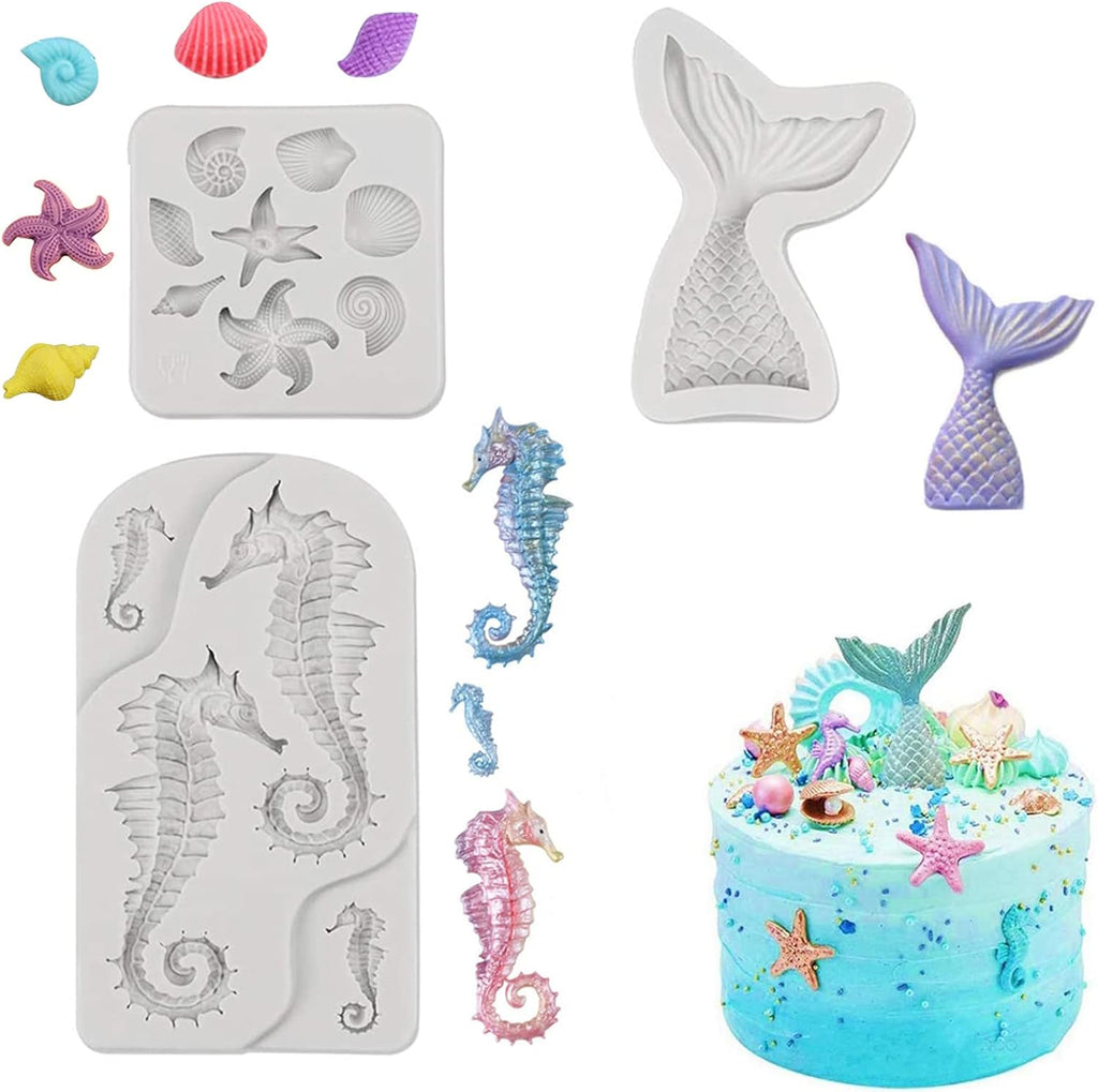 MEMOVAN Mermaid Theme Cake Fondant Mold 3pcs Seahorse Seashell Starfish Mermaid Tail Under the Sea Silicone Baking Mold for Chocolate Candy Cake Decoration Polymer Clay Gum Paste Craft
